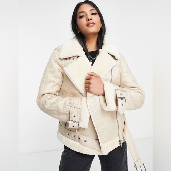 Topshop Jackets & Blazers - NWT TOPSHOP FAUX LEATHER SHEARLING AVIATOR BIKER JACKET SIZE 4